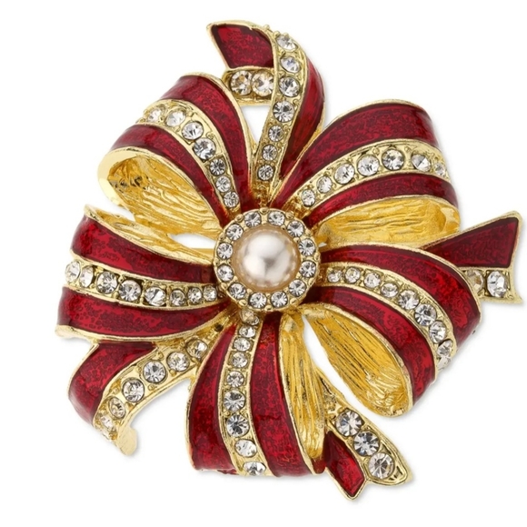 Vintage Red Enamel Gold Tone CZ and Faux Pearl Valentine's Ribbon Bow Brooch Pin - Picture 15 of 16